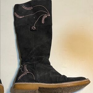 Black Suede Knee-High Boots with Pink Embroidered Detail